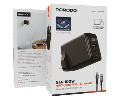 Porodo GaN 100W Multi-port wall charger real time power display