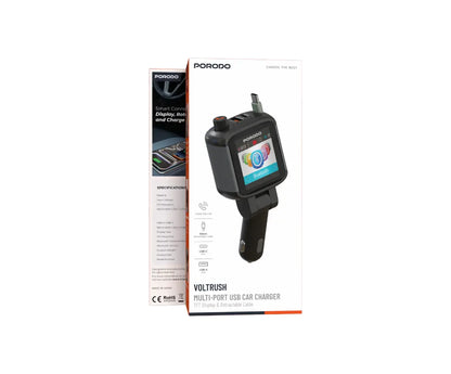Porodo Voltrush Multi-port Usb car charger TFT Display & Retractable Cable