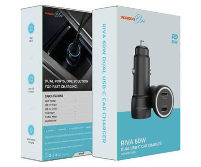 Porodo Blue Riva 60W Dual Usb-C Car Charger Usb-C to Lightning
