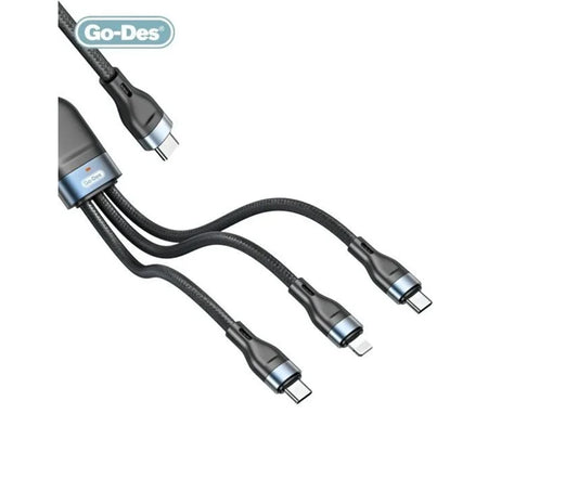 GO-DES 3 In 1 PD Multiport Cable Type-C To 2 Type-C 1 Lightning