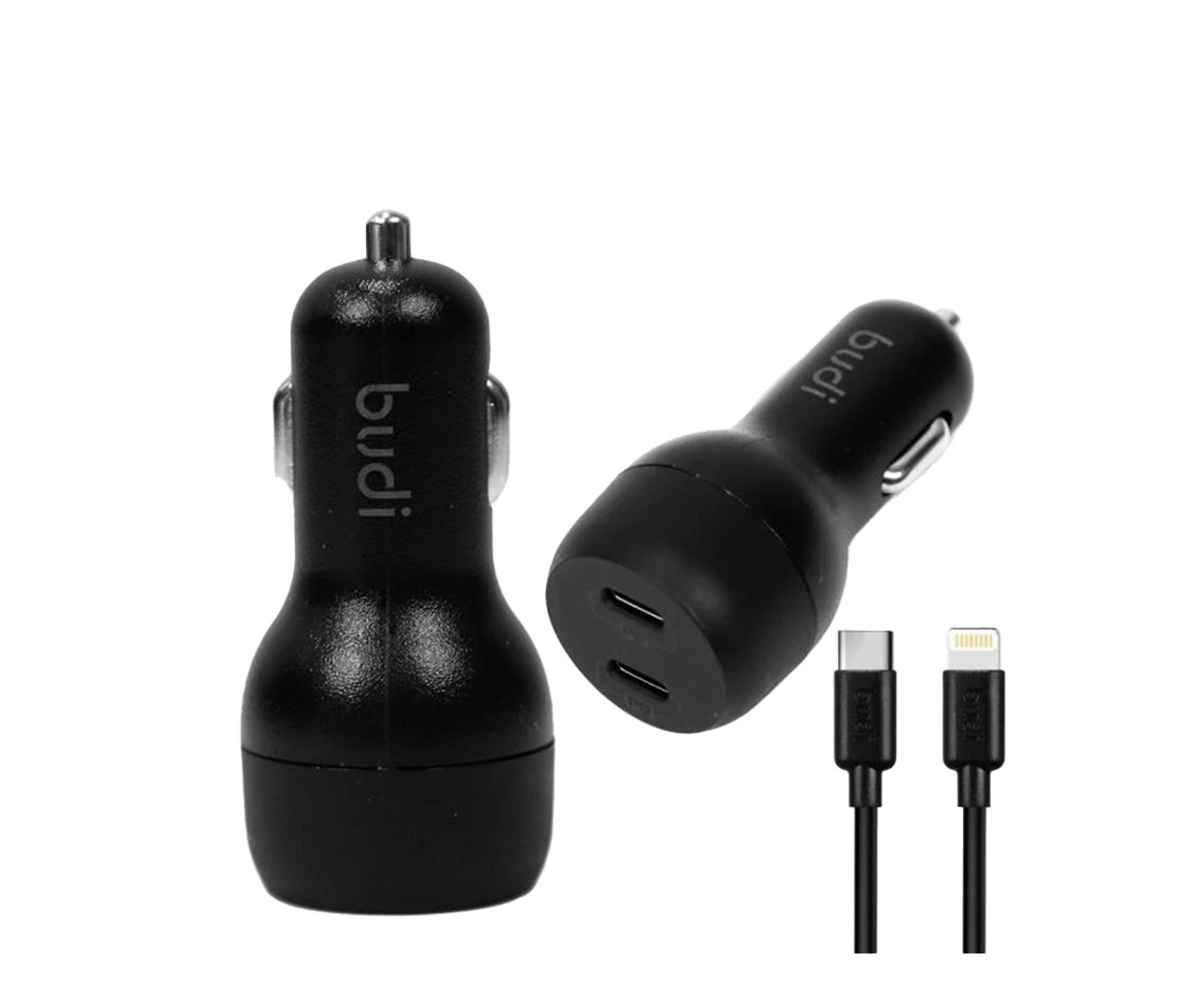 Budi Car Charger 40W – 2 PD Ports with USB-C to Lightning Cable