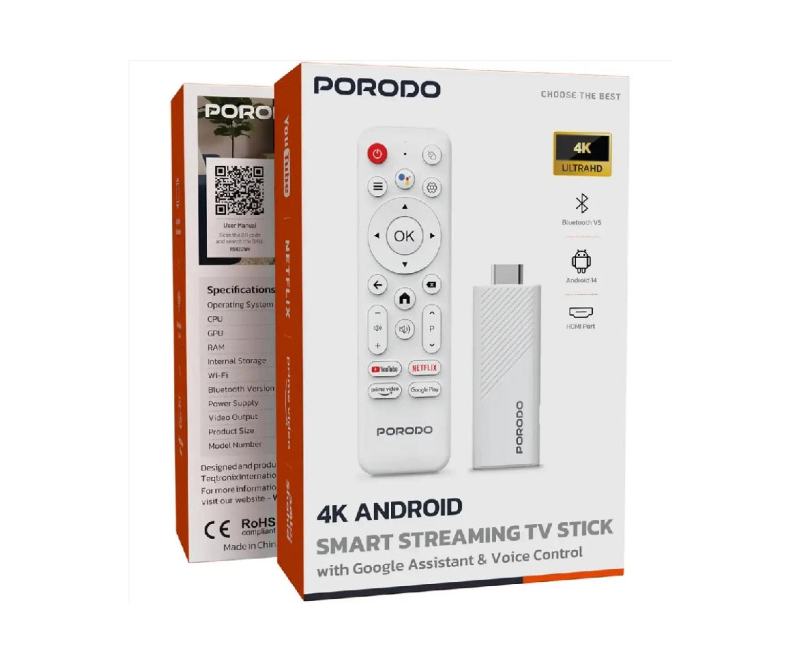 Porodo 4K Android Smart Streaming Tv Stick With Google Assistant And Voice Control