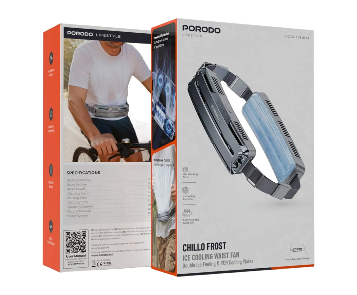 مروحة تبريد الخصر Porodo Chillo Frost Ice، ألواح تبريد مزدوجة من الثلج وPCM