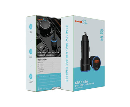 Porodo Blue Graz 45W Dual Usb-C Car Charger Usb-C to Lightning