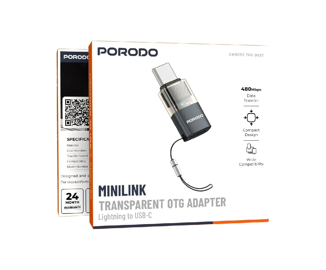 Porodo Transparent Otg Adapter Lightning to Usb- C