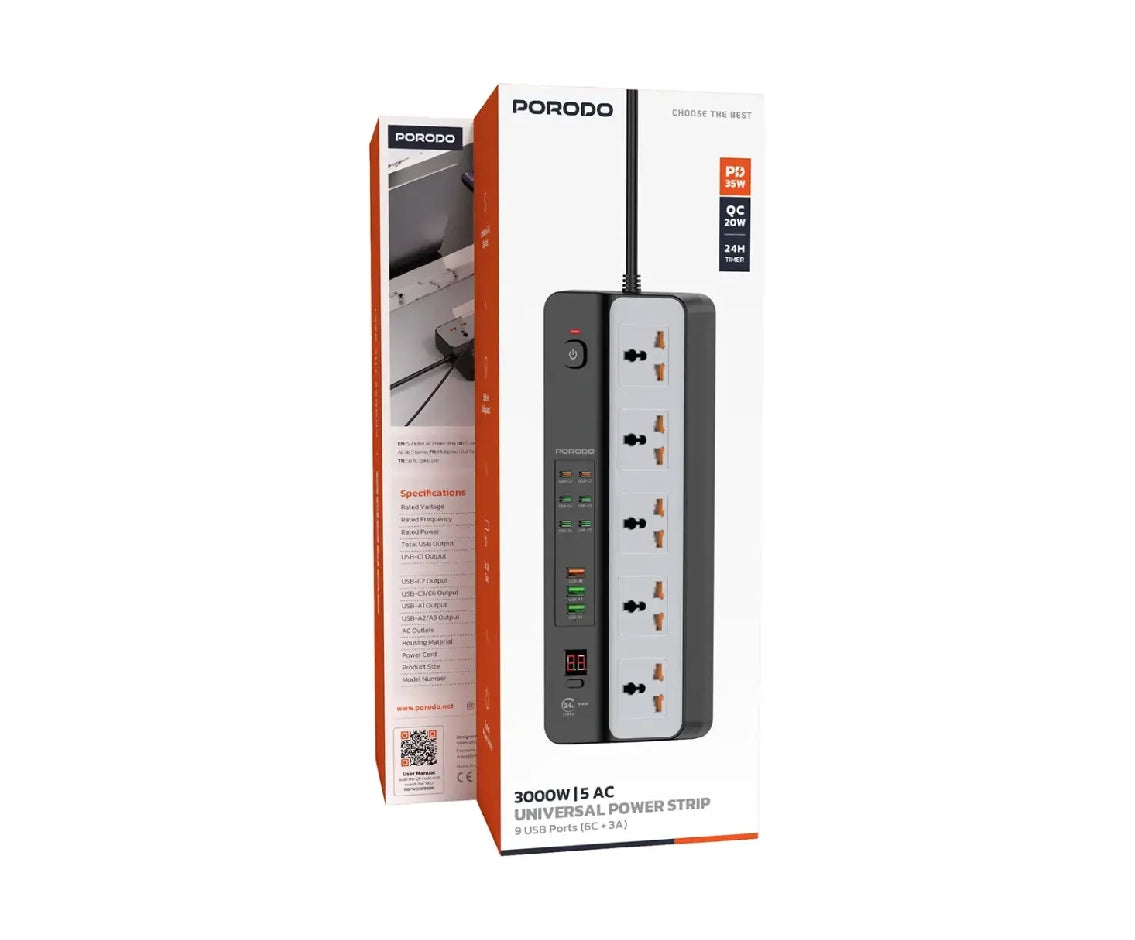 Porodo 5Ac Universal Power Strip 9 Usb Ports (6C + 3A) 3000W
