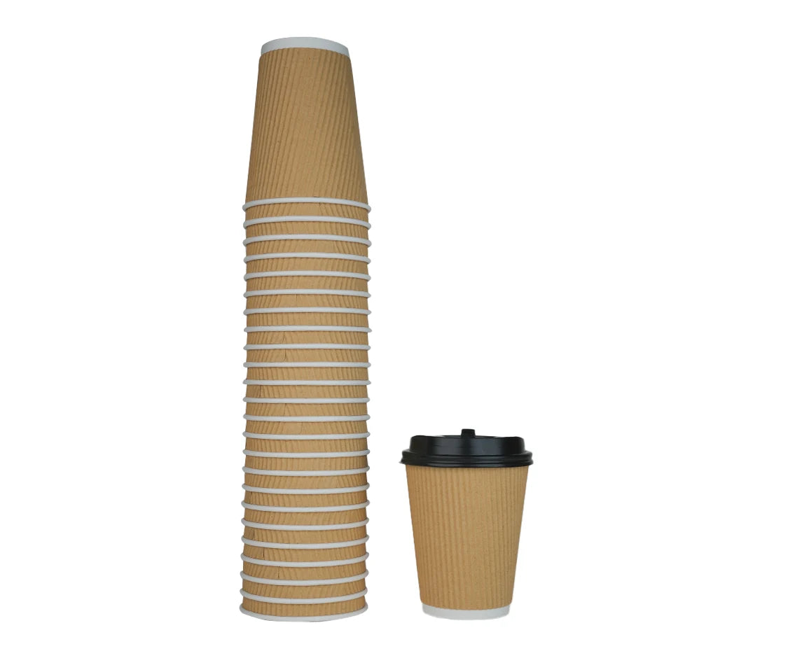Paper Cup 12 oz Ripple Brown with lid  1x25 Piece