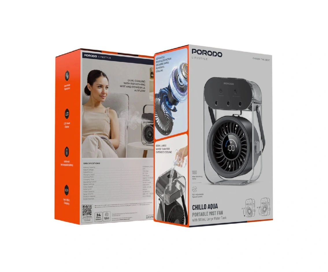 Porodo Chillo Aqua Portable Mist Fan with 500mL Large Water Tank