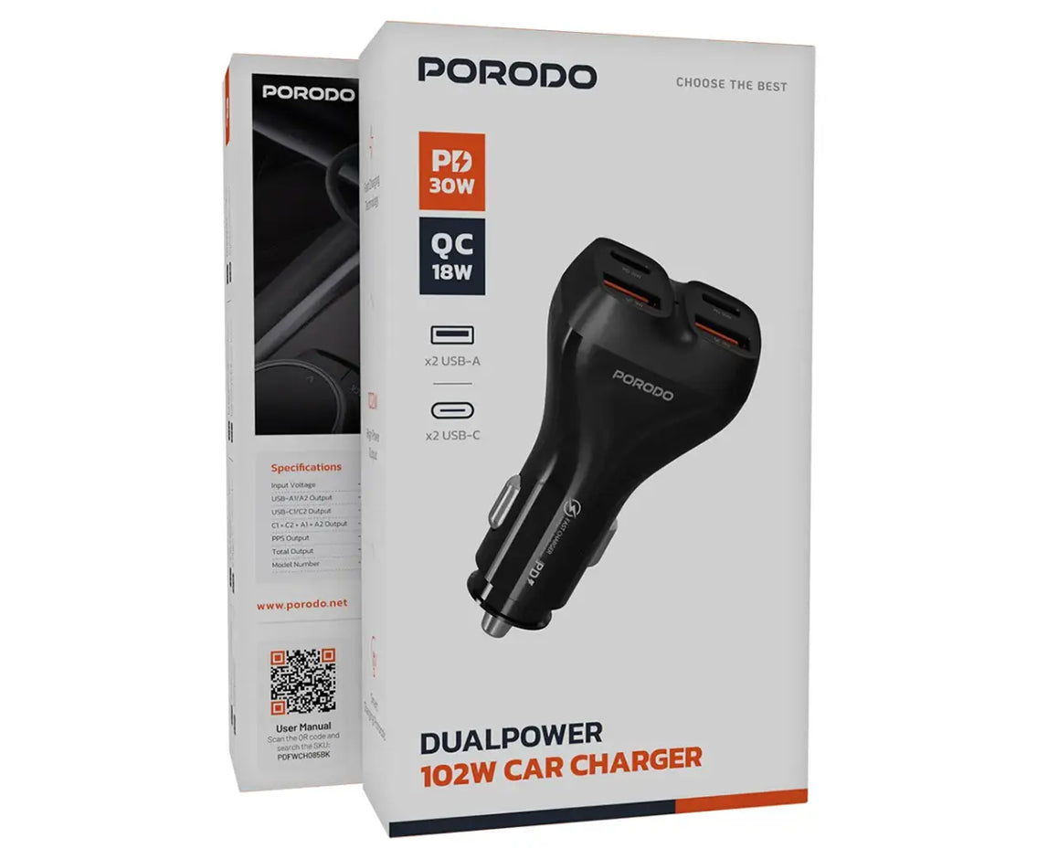 Porodo Dual Power 102W Car charger Usb-C to Lightning Cable