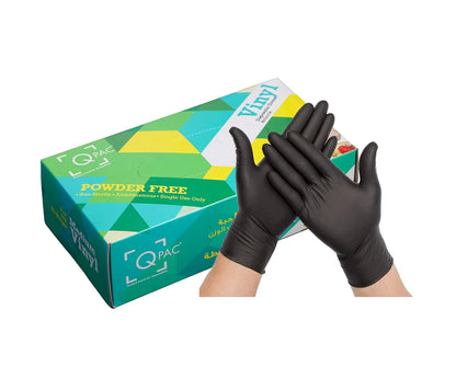 Gloves Vinyl Black Medium Powder Free Q Pac 1x100 Pieces
