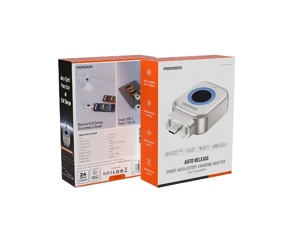 Porodo Auto Release Smart Auto-Cut Off Type C Charging Adapter