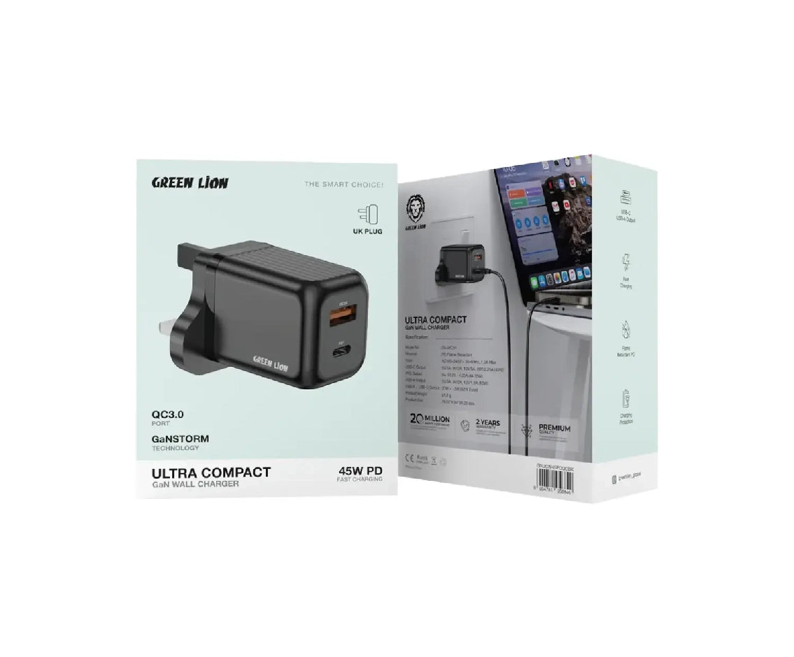 Green Lion Ultra Compact Gan Wall Charger With Type C Cable