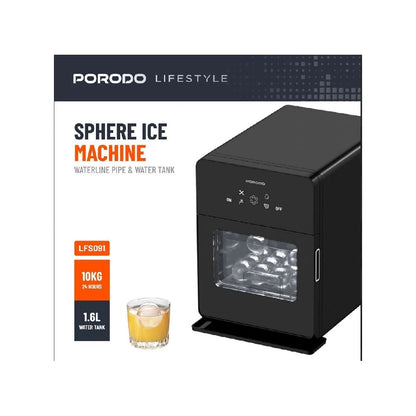Porodo Lifestyle Sphere Ice Maker Machine 10kg/24H with Automatic Self-Cleaning, 4 Sphere Ice per Cycle, 1.6L Water Tank – Black