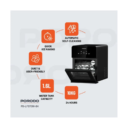 Porodo Lifestyle Sphere Ice Maker Machine 10kg/24H with Automatic Self-Cleaning, 4 Sphere Ice per Cycle, 1.6L Water Tank – Black