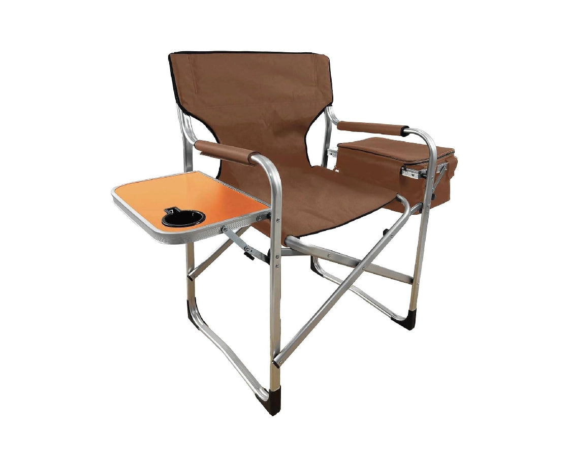 Porodo Lifestyle Outdoor Folding Aluminum Chair With Side Table Cup Holder And Cooling Bag - Brown