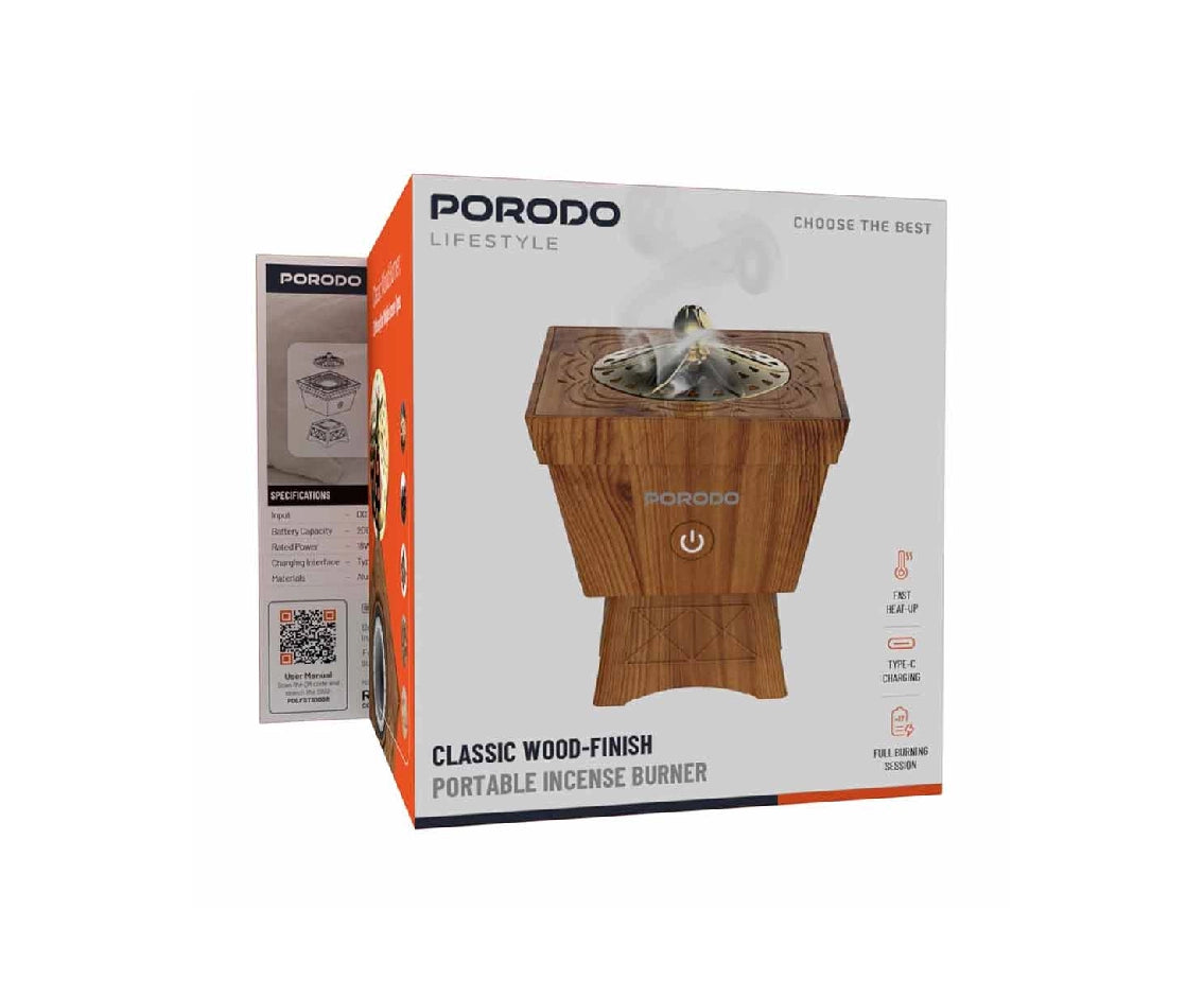 Porodo Lifestyle Classic Wood-Finish Portable Incense Burner