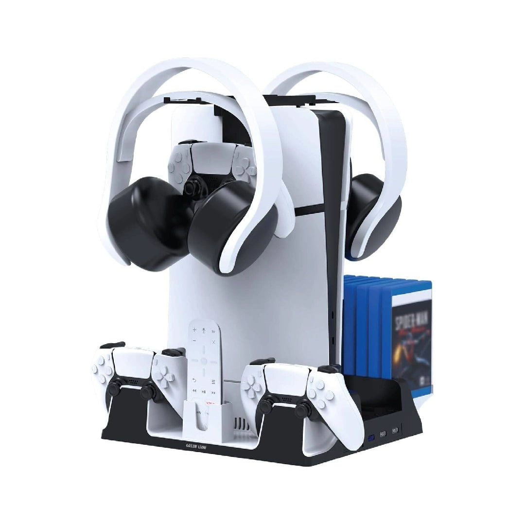 Green Lion Compatible With PS5/PS5 Slim Cooling Stand Charging Station,14 Disk Storage Hub,Simultaneous Charging,Efficient Cooling,4500RPM Speed,Space Saving,Turbo Fan,Charging Duck,Low Noise