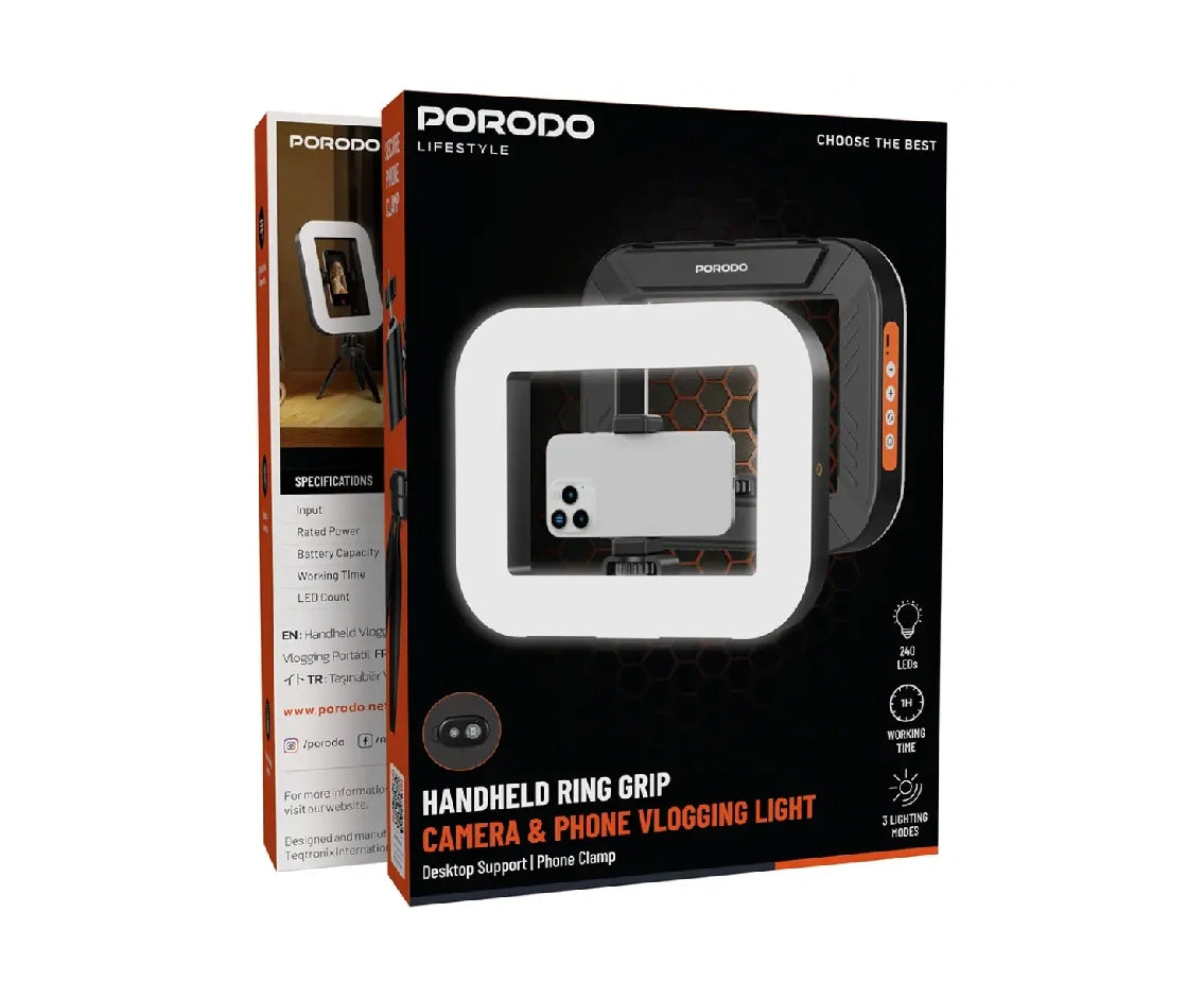 Porodo Lifestyle Handheld Ring Grip Camera and Phone Vlogging Light Desktop Support Phone Clamp