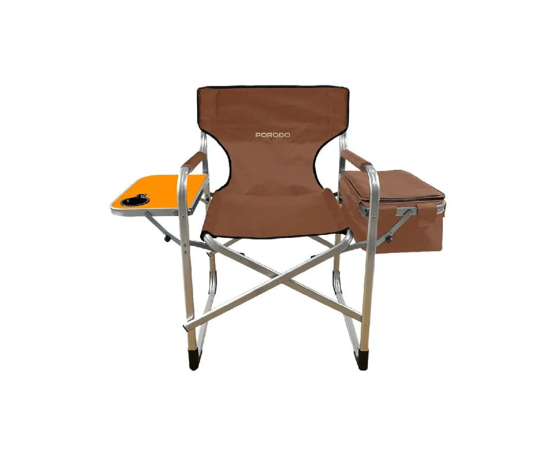 Porodo Lifestyle Outdoor Folding Aluminum Chair With Side Table Cup Holder And Cooling Bag - Brown