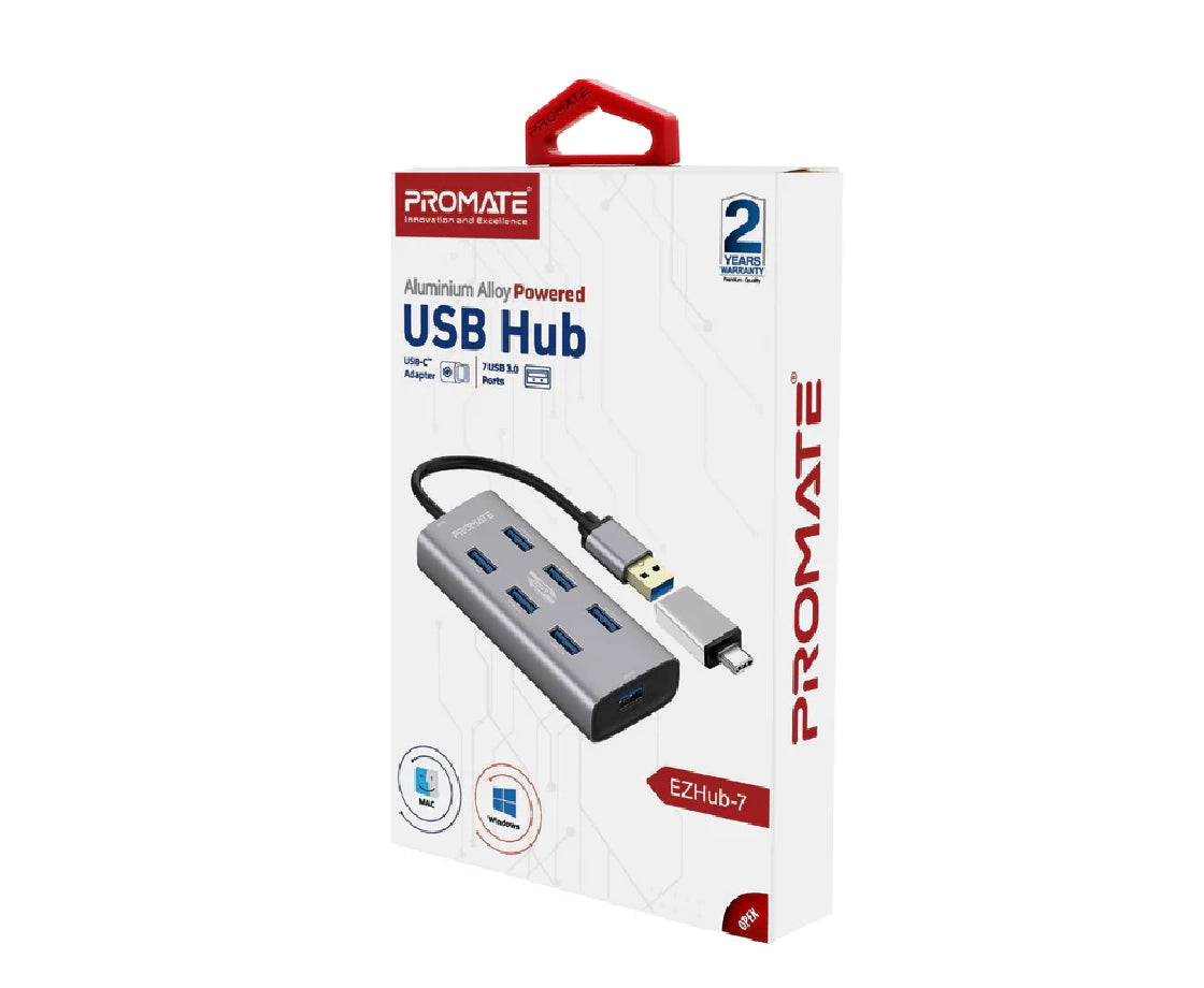 Promate 7 Ports Usb 3.0 Aluminium Alloy Usb Hub With Dual Input