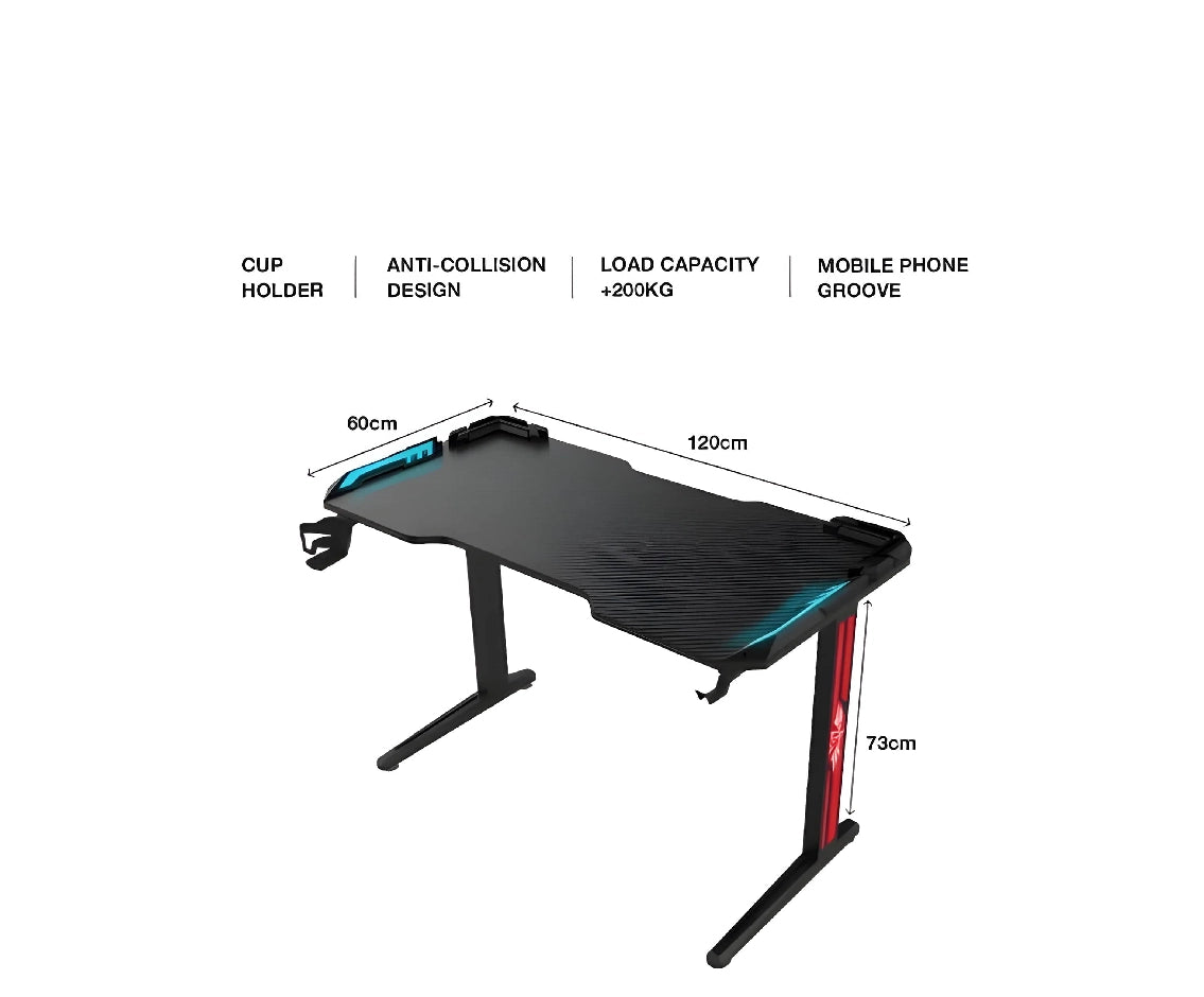 Green Lion RGB Gaming Desk with Adjustable Nonslip Feet, 200+ kg Bearing Capacity, 7 Color Modes, Cup Holder, Water-Resistant, Rounded Corners - Black