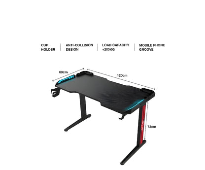 Green Lion RGB Gaming Desk with Adjustable Nonslip Feet, 200+ kg Bearing Capacity, 7 Color Modes, Cup Holder, Water-Resistant, Rounded Corners - Black