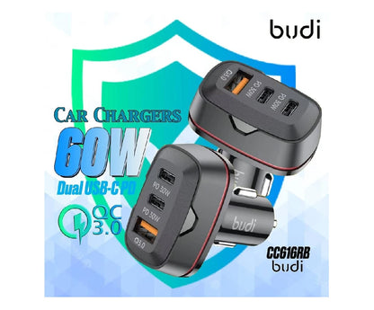 Budi 60W Dual Usb-C Pd And Qc 3.0 Car Charger