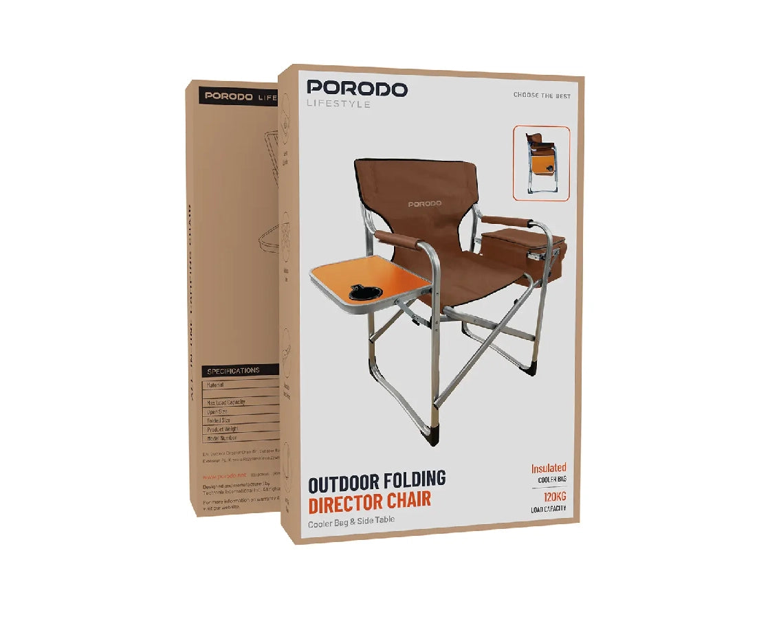 Porodo Lifestyle Outdoor Folding Aluminum Chair With Side Table Cup Holder And Cooling Bag - Brown